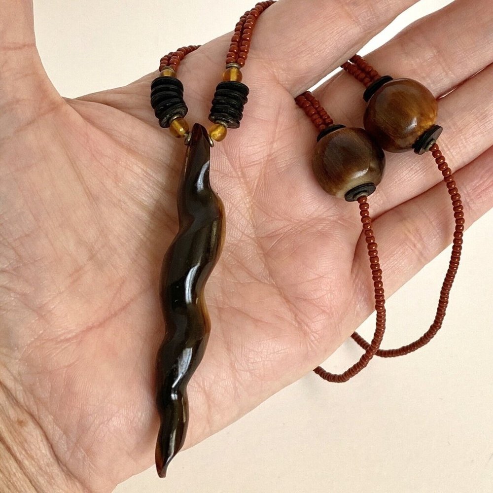 Vintage Boho Carved Resined Wood & Glass Beads Earth Tone Handmade Necklace 19”